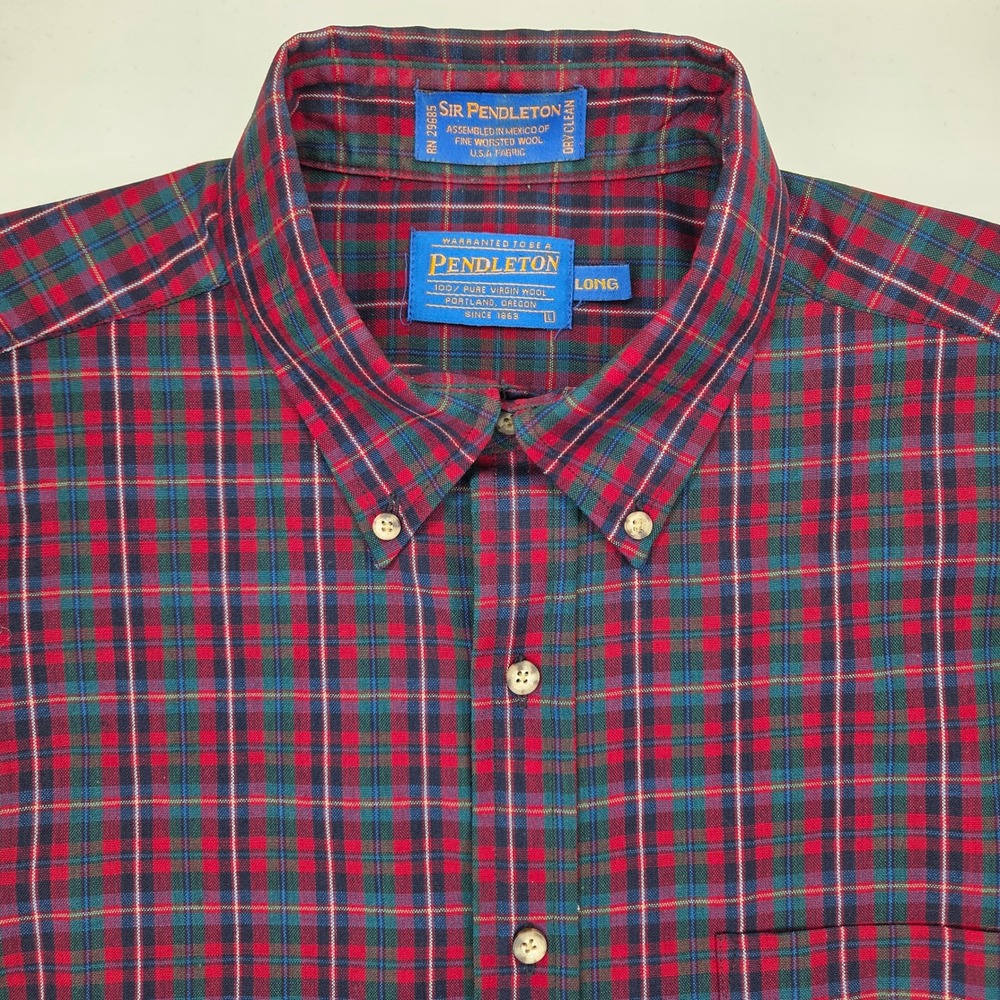 Sir Pendleton Mens Large Long Worsted Wool Plaid Button Down Shirt Red Green